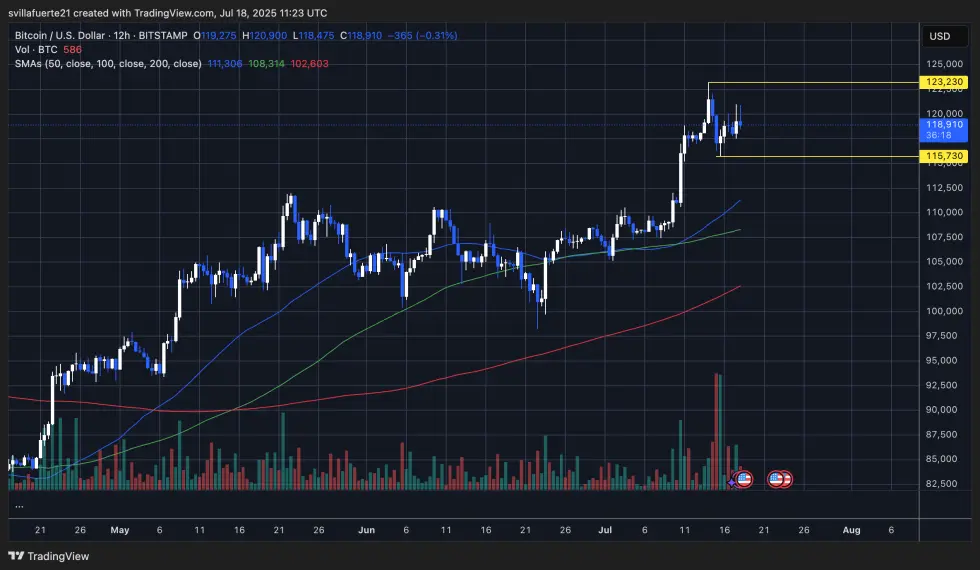 BTCは120Kドル以下で統合|出典:TradingViewのBTCUSDTチャート