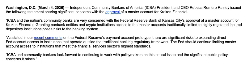 美國銀行業反對Kraken接入聯準會
