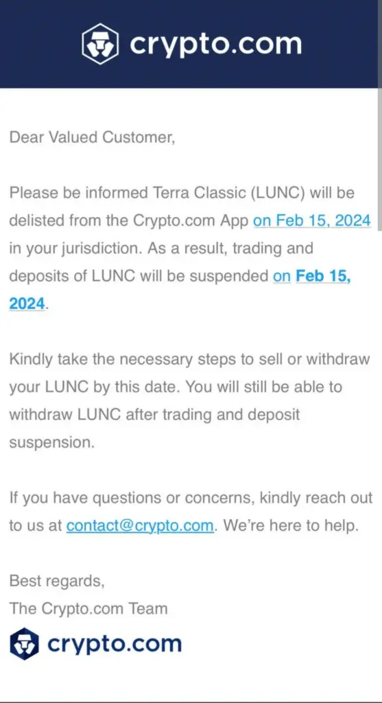 Terra Classic delisting confirmed by Crypto.com following bankruptcy filings - 1