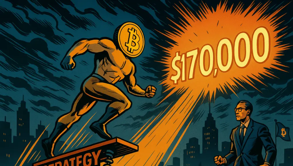 A Bitcoin superhero jumps to 0,000 from a "STRATEGY" platform, under the astonished gaze of an analyst.