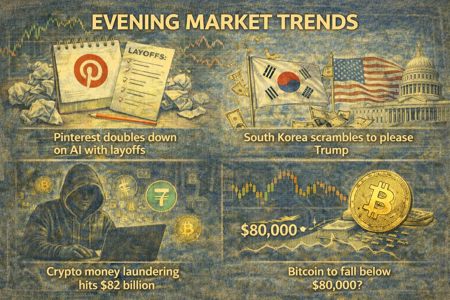 Markets juggle AI layoffs, trade tensions, crypto crime surge, and Bitcoin’s $80k test in today’s evening digest.