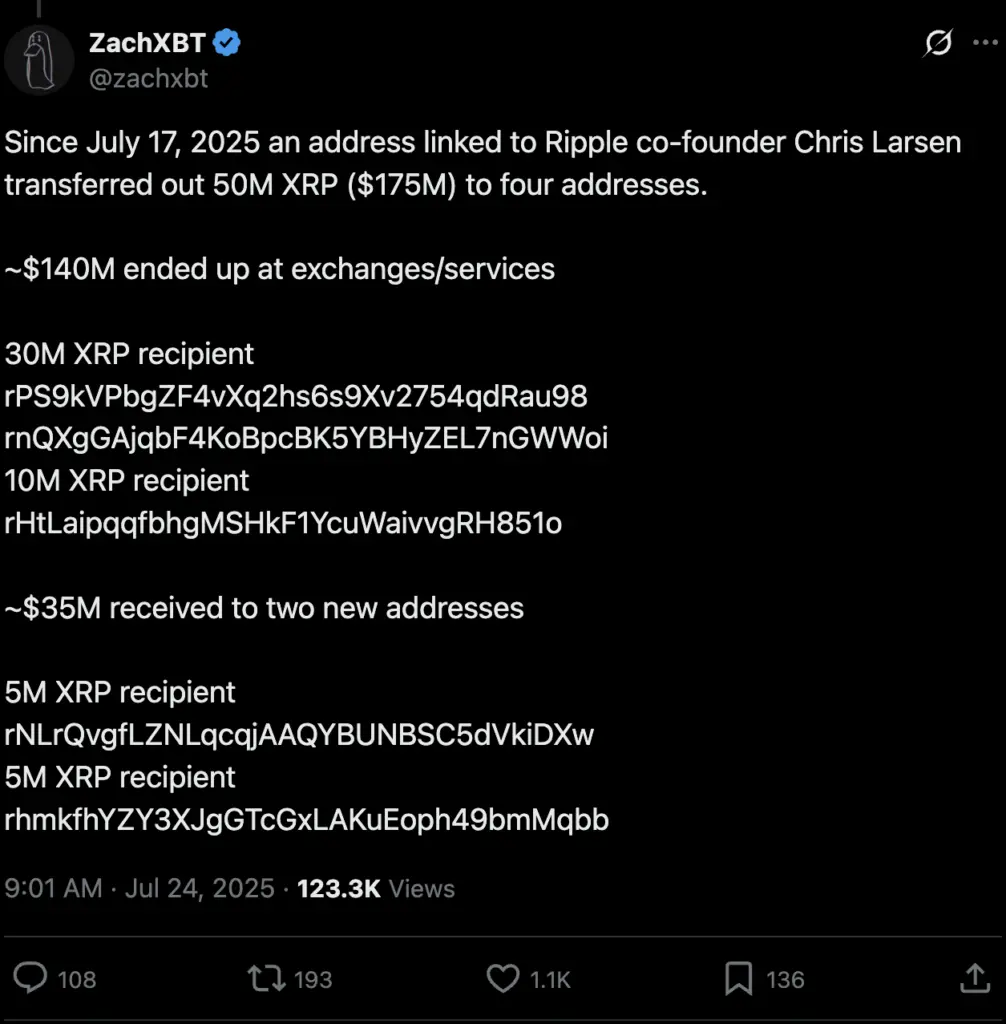 La venta de XRP del cofundador de Ripple: $140m se mueve a intercambios - 1
