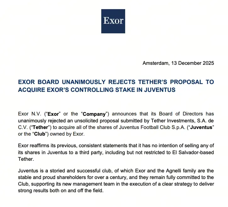 Exor拒絕Tether收購尤文圖斯