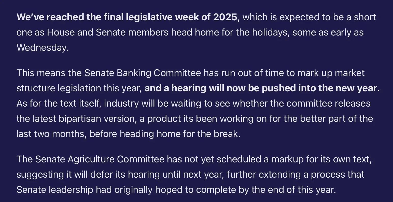 美國加密市場結構法案推遲至2026年