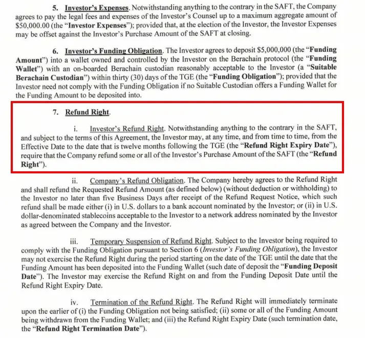 Berachain允許全額退款條款