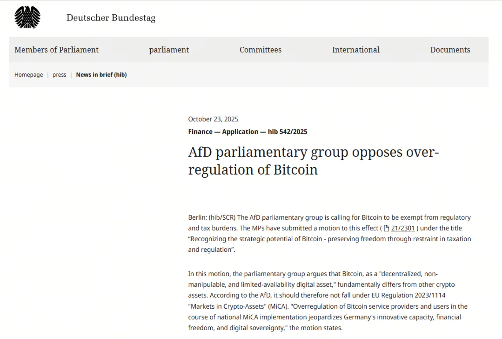 Membro do parlamento alemão pede isenção da regulamentação do Bitcoin MiCA