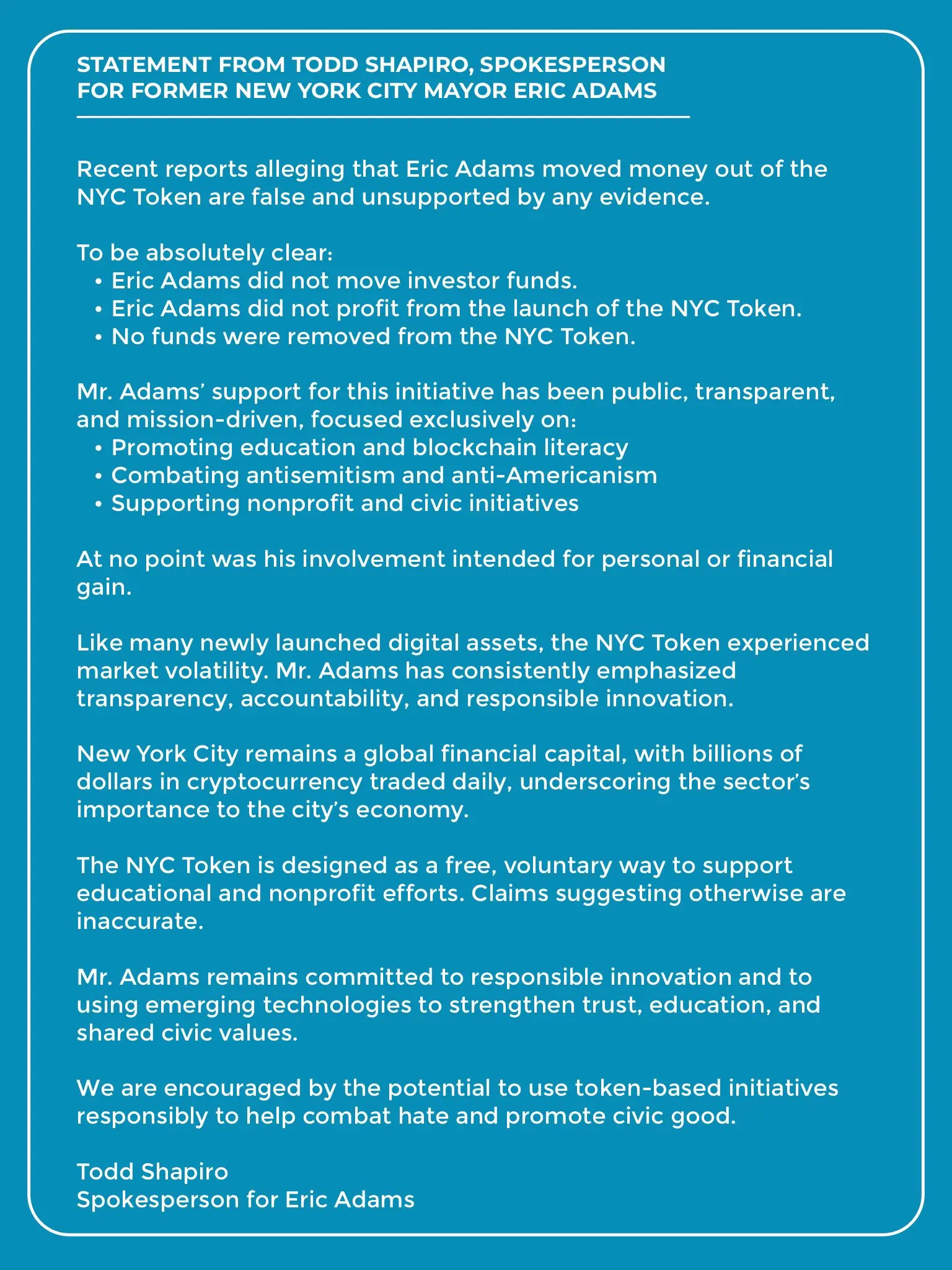 亞當斯否認撤資NYC Token