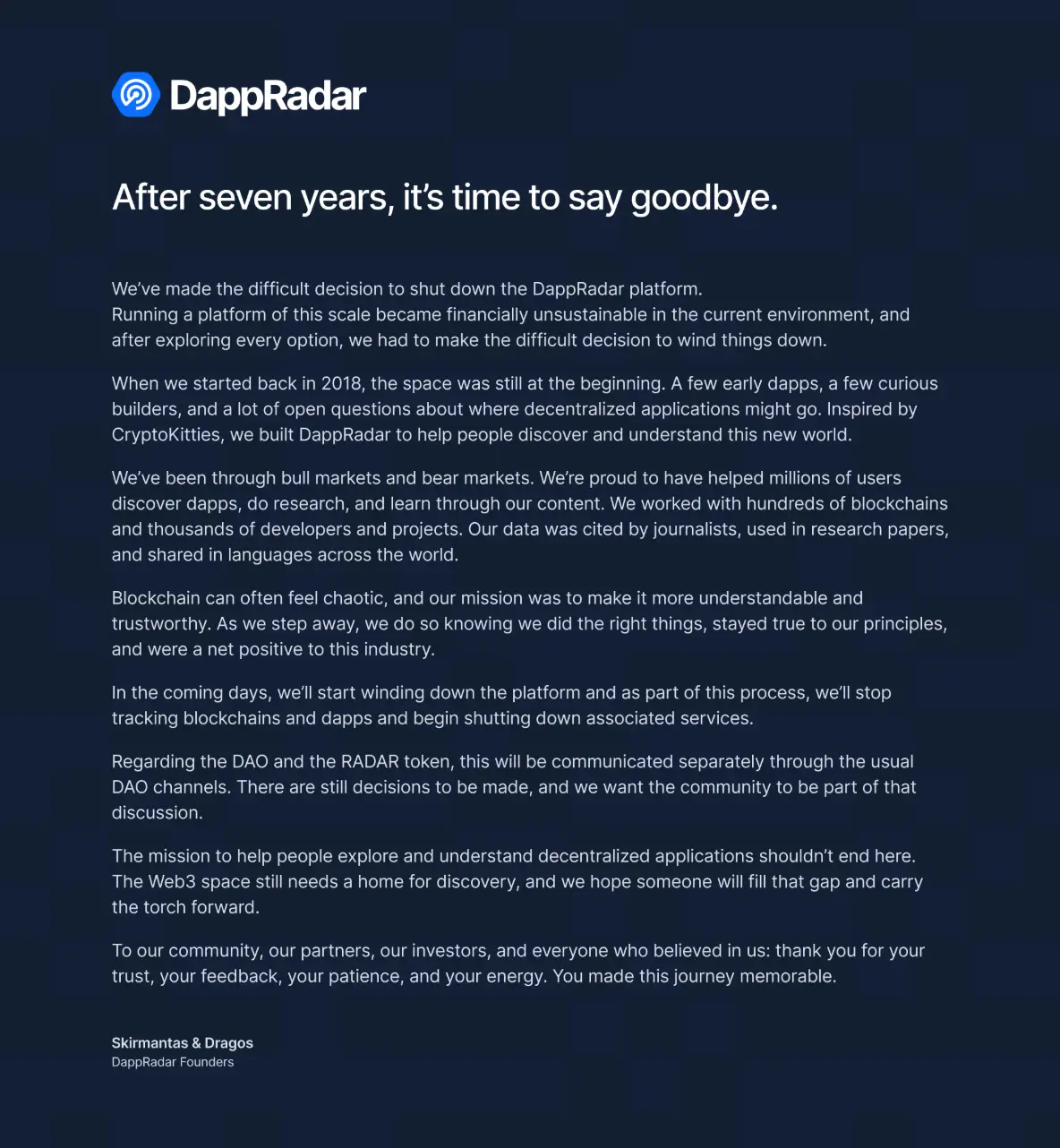 DappRadar أعلنت إغلاقها بعد سبع سنوات من التشغيل