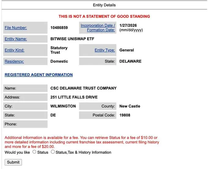 Bitwise申請Uniswap ETF