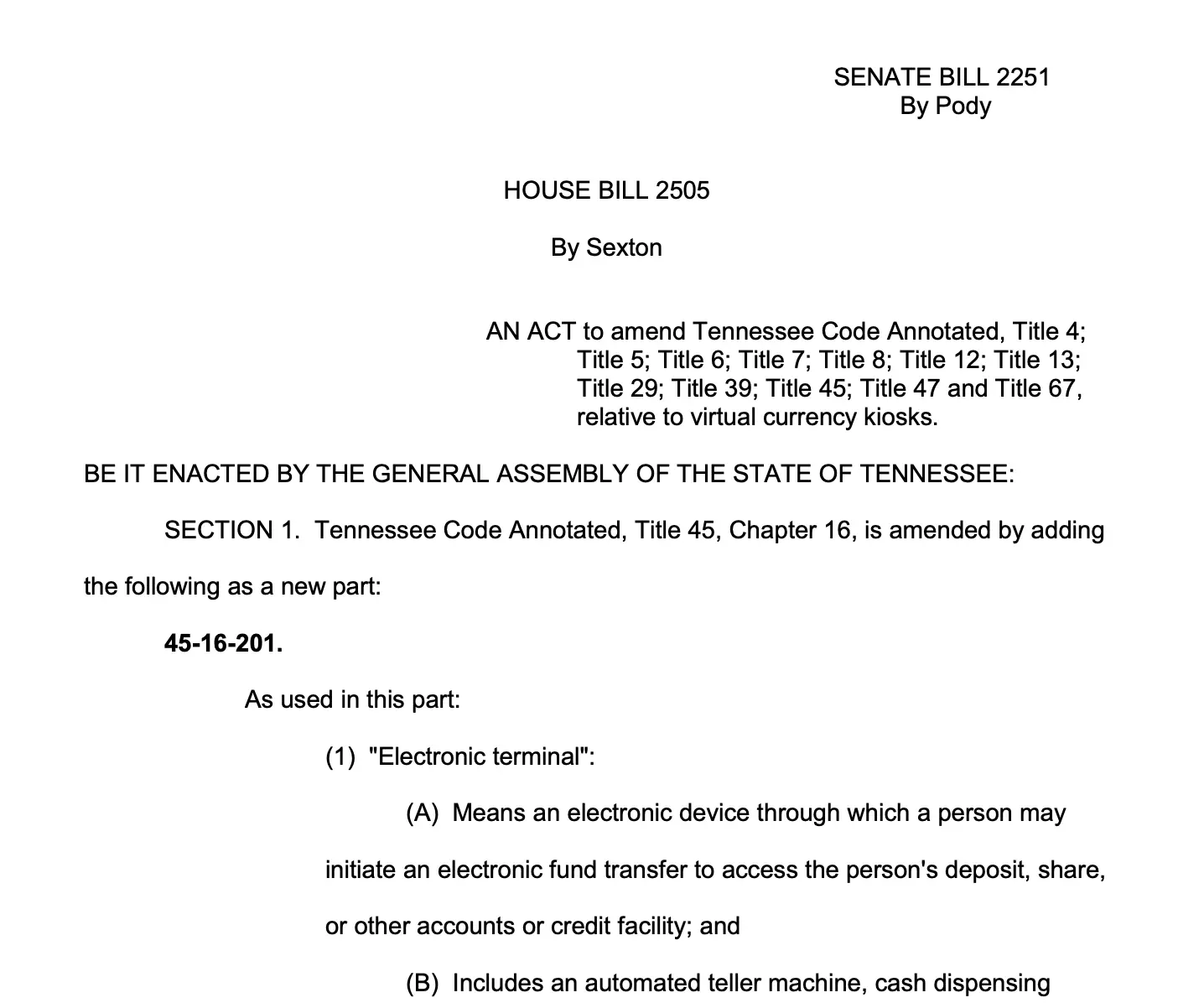 田納西州加密ATM禁令