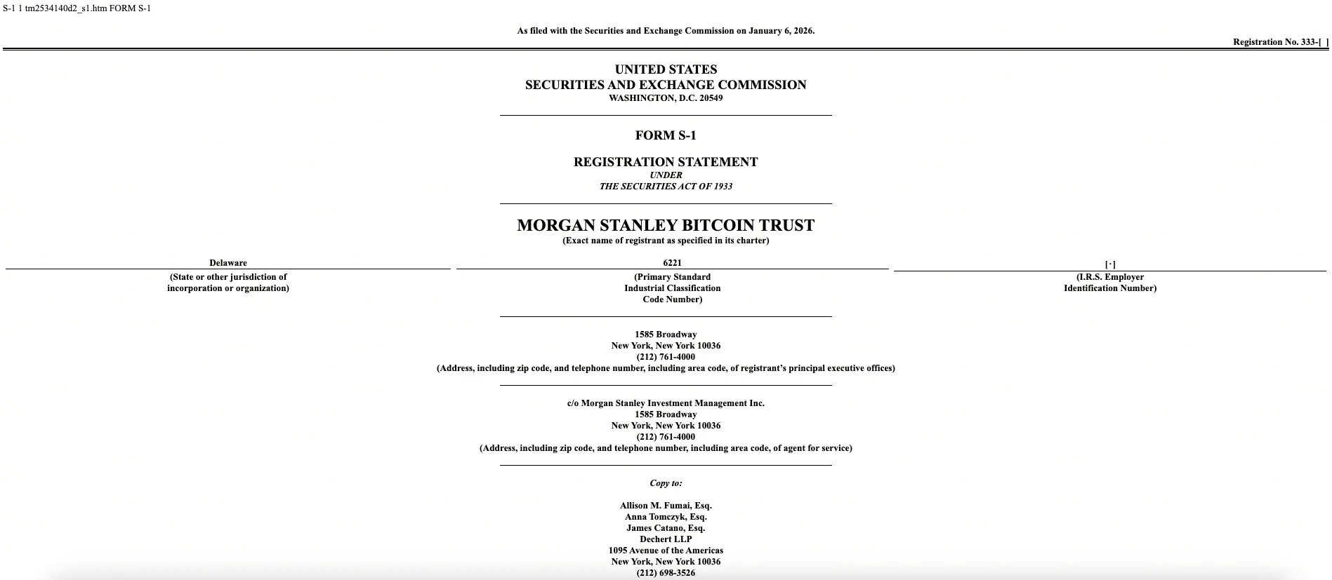 摩根士丹利申請比特幣ETF