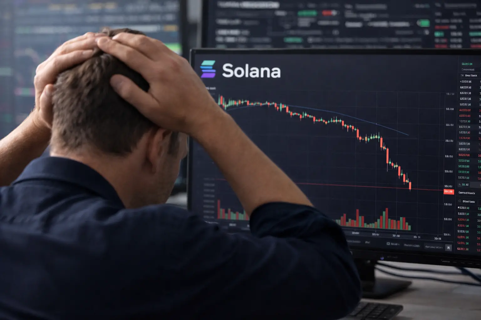 A trader holds his head while looking at a monitor showing a sharp decline in Solana’s price chart.