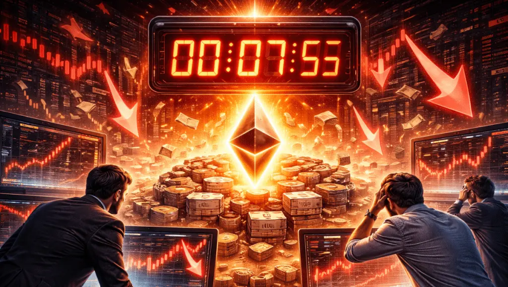 A large digital countdown displays the remaining time before the ETH options expiry. Traders are analyzing the charts, concerned about the impact of the event.