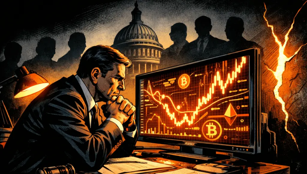 A focused regulator sits at a desk in a dark office, studying glowing orange crypto charts on a screen as silhouettes of Congress loom behind him.