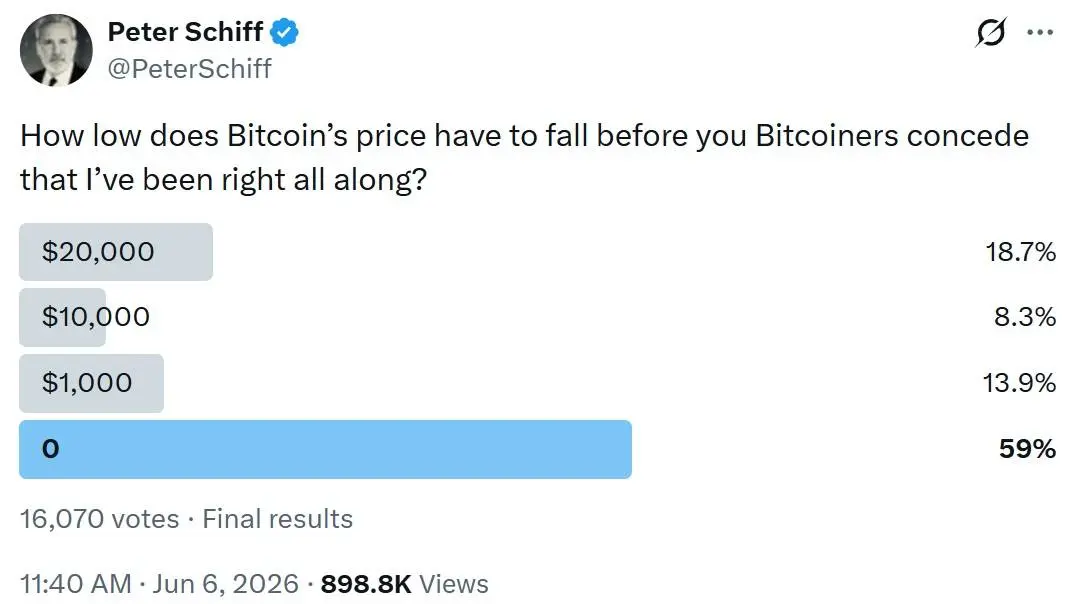 Peter Schiff Poll: Bitcoiners Stand Firm Even if Bitcoin Crashes to $0
