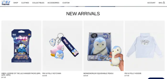 Các sản phẩm Pudgy Penguins có sẵn để mua trong thế giới thực.