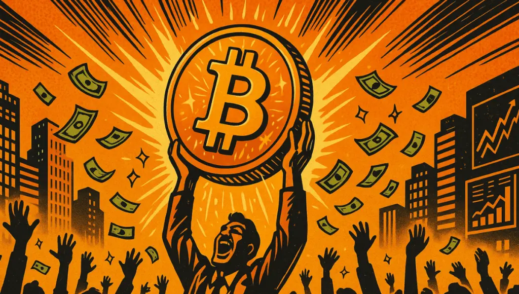 A giant Bitcoin coin carried like a hero by a crowd of investors.