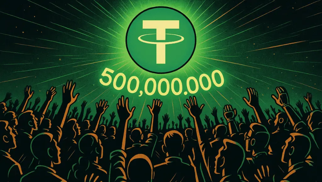 Над масивною натовпом, що літає, величезний логотип Tether випромінює інтенсивне зелене світло. Він стилізований як цифрове сонце, що випромінює енергійні промені, які символізують магнітну притягальність стейблкоїна.