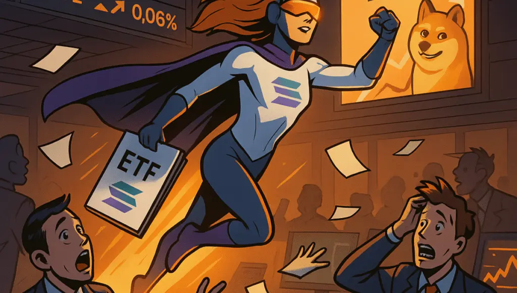 ソラナのヒロインが混沌としたオフィスに飛び込み、驚いたトレーダーたち、明るいETFスクリーンにDOGEが表示される。