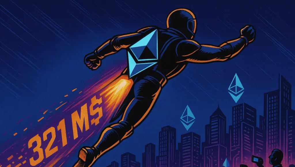 عامل منجم مستقبلي يمثل BitMine، يرتدي بدلة تقنية سوداء وبرتقالية مع تفاصيل زرقاء نيون. حقيبة ظهر على شكل ماسة من إثيريوم على ظهره تنبعث منها لهب أرجواني وبرتقالي مصمم. تتبع الشخصية أثر رقمي، مع ظهور "1M" في بكسلات متوهجة في الهواء، مثل توقيع ديناميكي لشرائه.