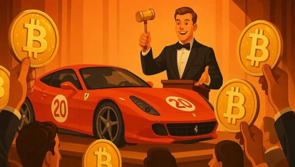 フェラーリを持つオークショニアがビットコインを持っているクリプトオークション。