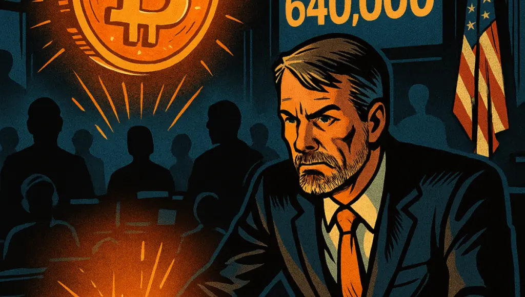 マイケル・セイラーがコントロールルームで、光り輝くビットコインのホログラムと640,000という数字と対話している。