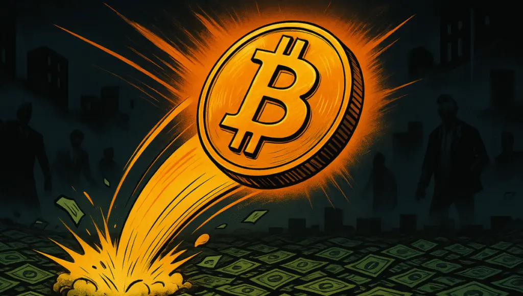 A moeda Bitcoin quica num chão coberto de dólares.