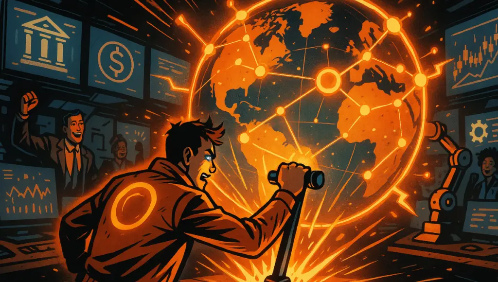 Engineer activates Arc testnet as glowing network map connects banks and tech firms.