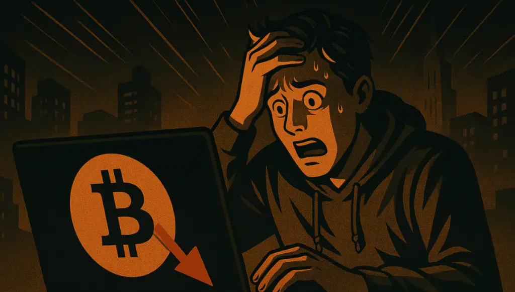 パニックになった若者が、ひび割れたシンボルに支配された終末的な都市の空の下でビットコインの崩壊を発見する。