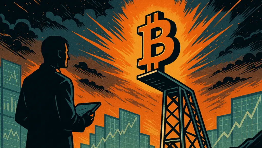 Logo Bitcoin diletakkan di atas papan lompat raksasa, di tepi kekosongan, di bawah pengawasan seorang ahli (Mister Crypto).