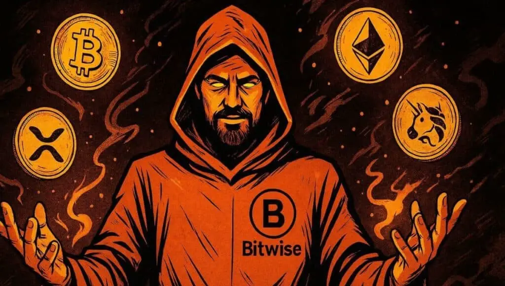 Um executivo da Bitwise com bitcoin, ethereum, xrp e UNI a flutuar acima dele.