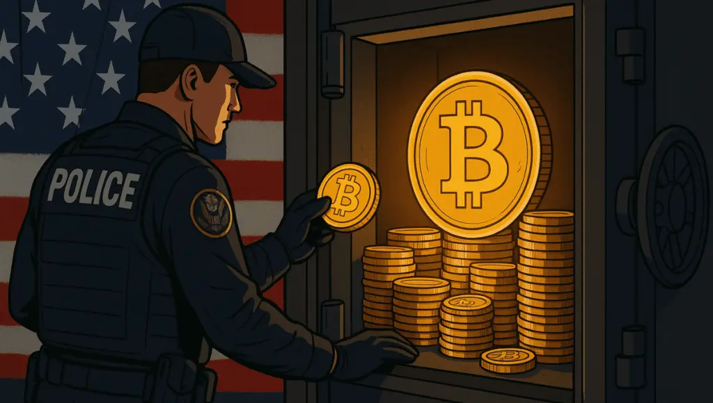 Um agente americano assegura Bitcoins em um cofre, simbolizando uma reserva estratégica sob alta vigilância governamental.