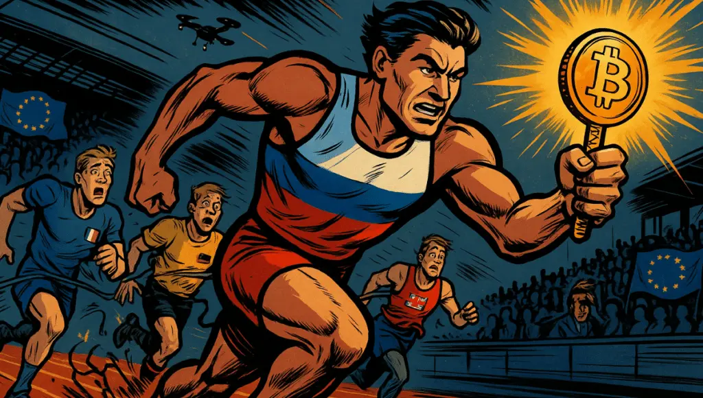 Atleta russo lidera corrida cripto com bastão de Bitcoin brilhante, rivais da UE lutam atrás.