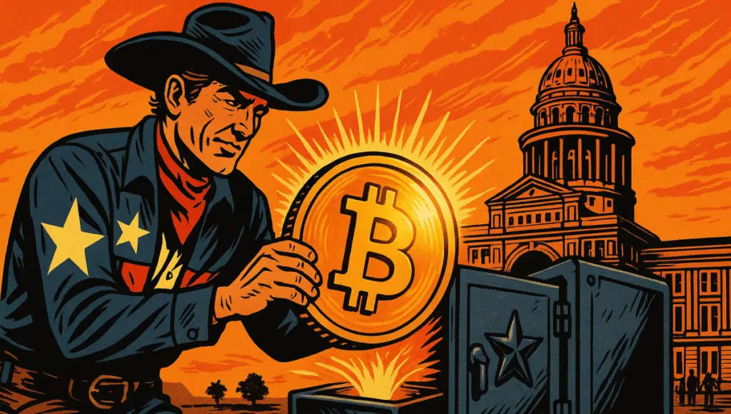 Um cowboy do Texas coloca uma gigantesca moeda Bitcoin em um cofre estatal.