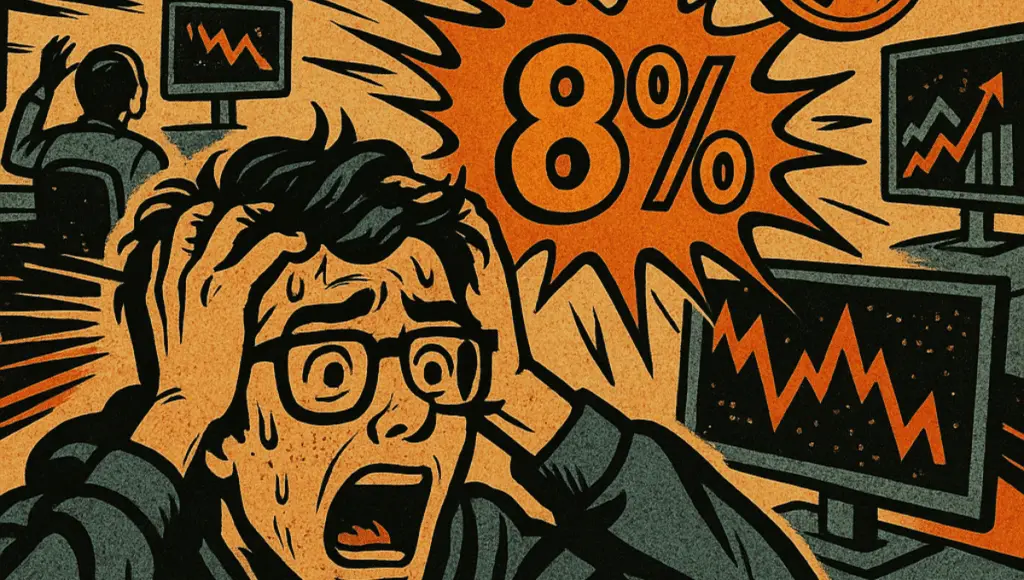 Seorang trader yang panik mengamati layar yang meledak yang menampilkan 8%, melambangkan volatilitas ekstrem Bitcoin.