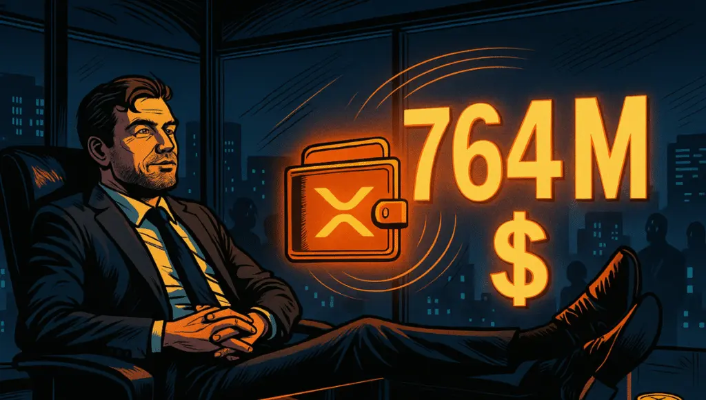 暗号スタートアップの創業者がガラスの机に足を置いて座っています。机の上に投影されたホログラフィックウォレットが空中に浮かび、「4M」という数字を表示しており、XRPの清算を象徴しています。