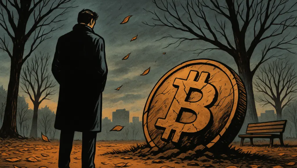 孤独な男性が長いダークコートを着て、手をポケットに入れている。彼は真っ直ぐ前を見ている。巨大なビットコインが地面に部分的に沈んでおり、汚れてひび割れていて、時の経過により風化している。コインは傾いており、中央のフレームを支配している。