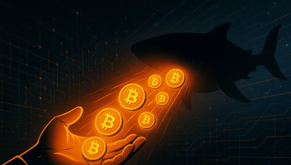 オレンジ色の光る手がビットコインのコインを放ち、それが暗いクジラのシルエットに流れ込む。デジタルの青と黒の背景に設定されています。