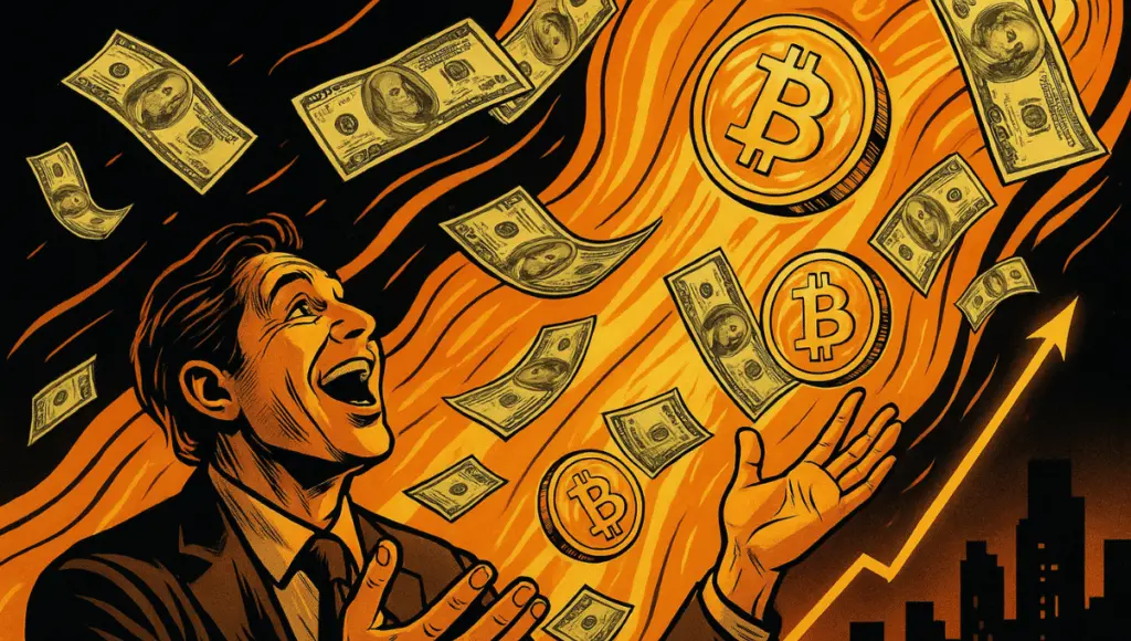 Um investidor eufórico apanha uma chuva de notas e Bitcoins dourados contra um fundo laranja brilhante, simbolizando prosperidade.