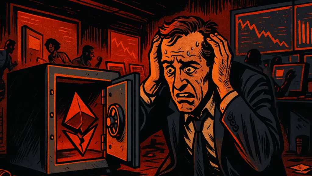 一个打开的保险箱内部空无一物，只有一个破碎的以太坊标志，CFO注视着这一切——象征着加密金库的资金大幅缩水。