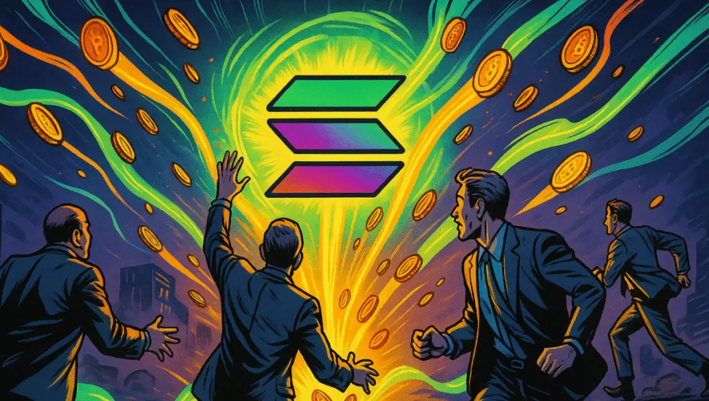 Solana标志悬浮于中央，发光，吸引着持续不断的能量流或加密货币，在未来主义宇宙下，狂热交易者的目光注视着它。