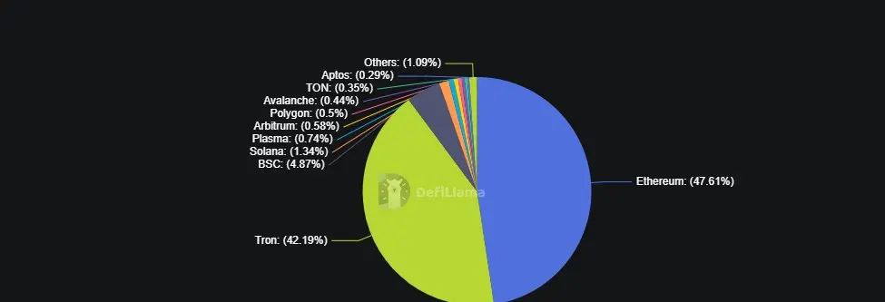 Gráfico de tipo torta de distintos colores que representan el suministro total de USDT en distintas redes.