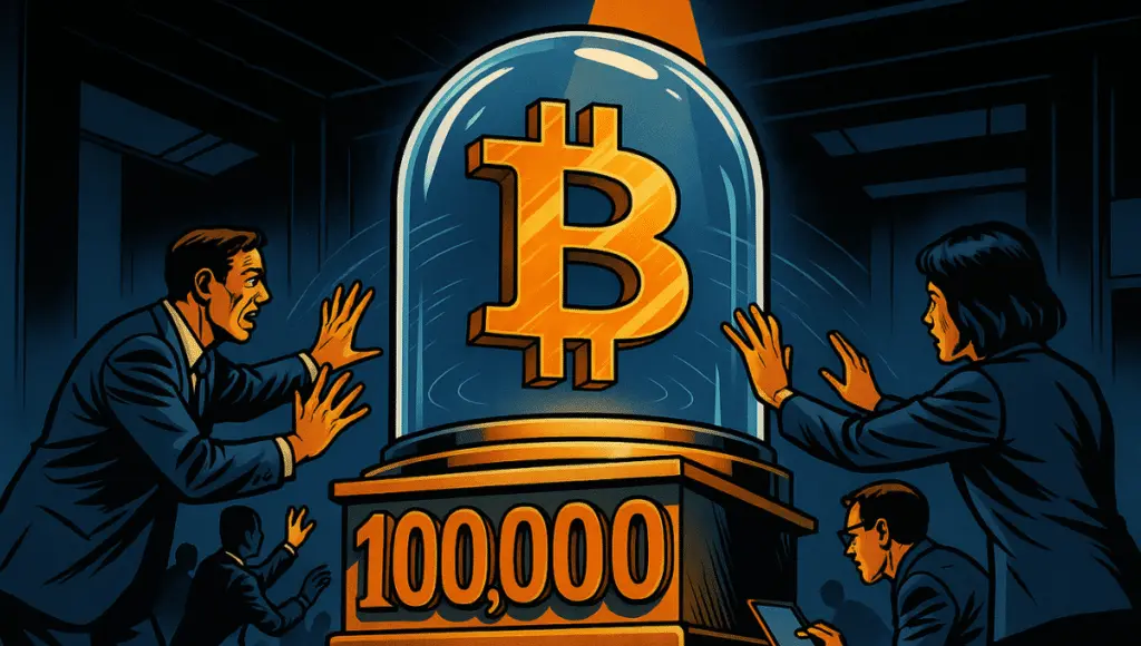 Dev bir cam kubbe içinde: üç boyutlu, altın rengi ve etkileyici bir Bitcoin sembolü, hafifçe havada duruyor. Tabanında, "100.000" sayısı parlak turuncu kabartma ile oyulmuş. Kubbe mükemmel derecede pürüzsüz, dikiş veya erişim noktası yok ve çevresel ışığı yansıtıyor. Birkaç tüccar, Standard Chartered analistleri veya izleyiciler kubbeye uzanıyor veya vuruyor, görünüşte hayal kırıklığına uğramış veya inanamayan bir şekilde.