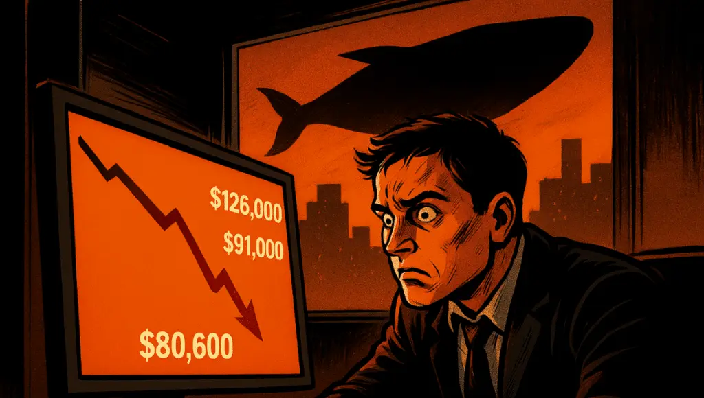 Một nhà giao dịch căng thẳng nhìn chằm chằm vào màn hình đỏ hiển thị sự sụt giảm của thị trường với các con số 126,000, 91,000 và 80,600, trong khi hình bóng của một con cá voi lù lù đe dọa bên ngoài cửa sổ.