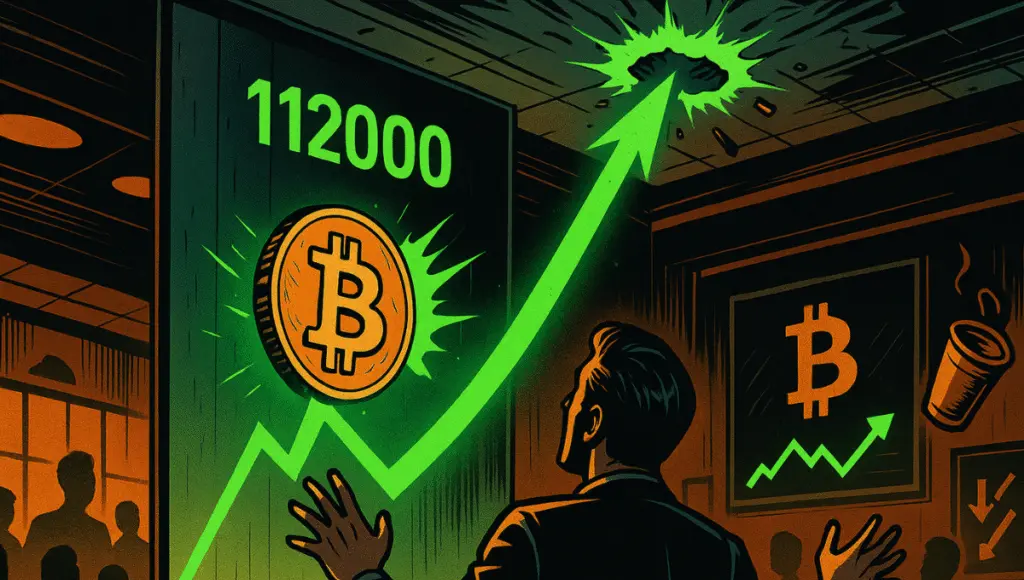 Seorang investor terkejut melihat kurva hijau menembus langit-langit, dengan "112000" di bagian atas.