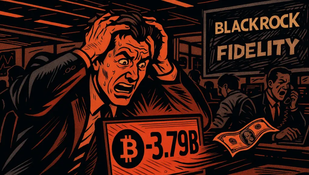 パニック状態のトレーダーが、「-3.79B」と表示された画面の前で叫び、暗いトレーディングルームが混乱に陥る様子。