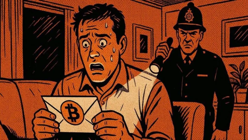 Um investidor de criptomoedas no Reino Unido descobre uma carta do escritório de impostos pedindo-lhe para regularizar seus impostos sobre criptomoedas. Um policial observa atrás dele.