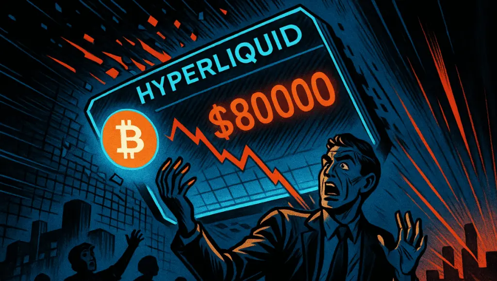 Paniklemiş bir adam, Bitcoin’in Hyperliquid’de K seviyesine düştüğünü gösteren ve etrafında dijital parçacıkların dağıldığı yıkılan holografik bir grafiğe yukarı bakıyor, dramatik bir çizgi roman tarzında.