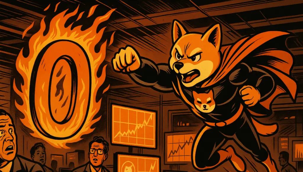 Um Shiba Inu super-herói avança em direção a um zero em chamas, sob os olhares atônitos de traders em uma sala tensa.