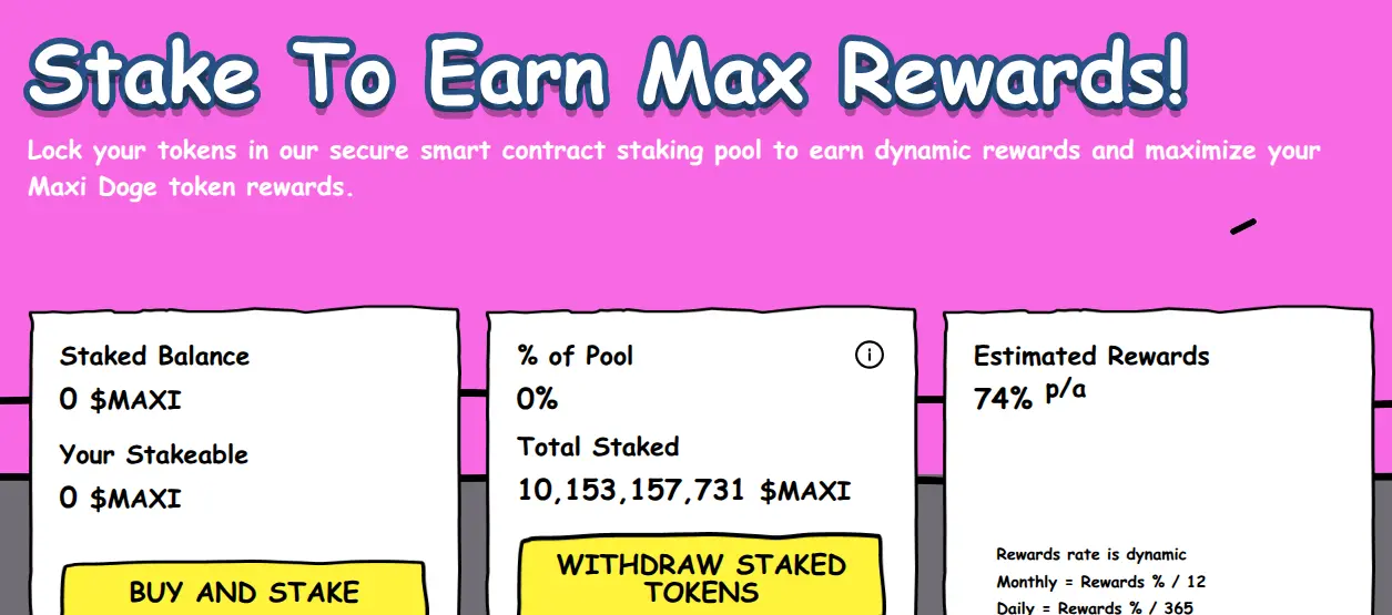 Informação de staking do Maxi Doge mostrando o montante apostado.